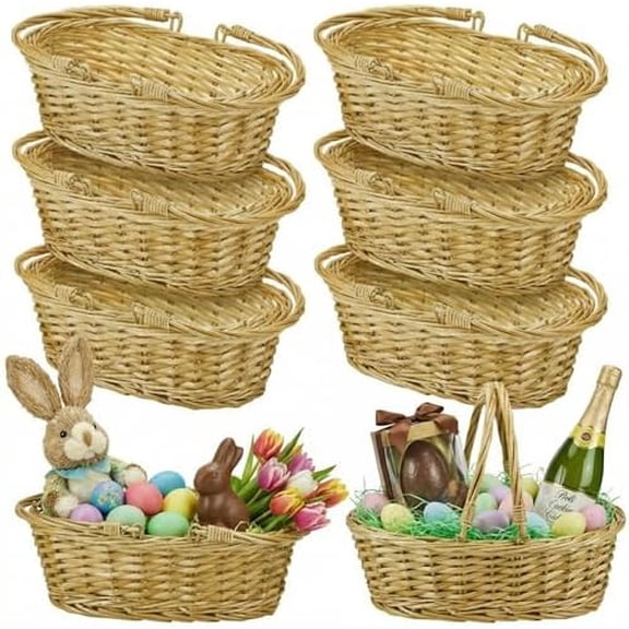 6 Pcs Small Wicker Picnic Basket with Handle 12.6 x 8.27 x 3.15 Inches Oval Willow Woven Braided Gifts Basket for Egg Flower Fruit Harvest Easter Wedding Christmas Party Storage Decor$$Garden & Patio