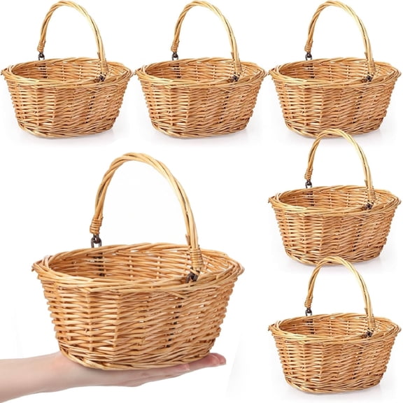 6 Pcs Small Wicker Picnic Basket with Handle Flower Girl Baskets Oval Willow Woven Braided Gift for Easter Weddings Baby Shower Home Garden Decor(9" X 7" 4",Khaki)