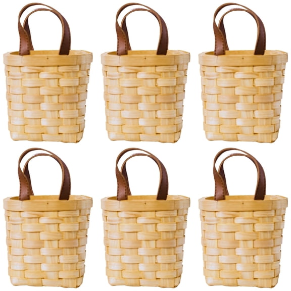 6 Pcs Small Wicker Storage Baskets – 4.7" Square Handwoven Baskets with Leather Handles, Decorative Organizer for Home, Gifts, Countertops & Shelves