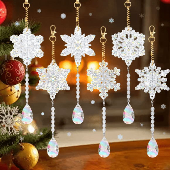 6 Pcs Snowflake Diamond Painting Keychain Kit DIY Diamond Art Suncatchers Wind Chimes Hanging Ornaments for Christmas Crafts Decoration