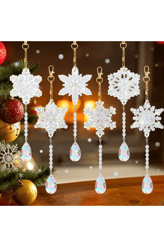 6 Pcs Snowflake Diamond Painting Keychain Kit DIY Diamond Art Suncatchers Wind Chimes Hanging Ornaments for Christmas Crafts Decoration