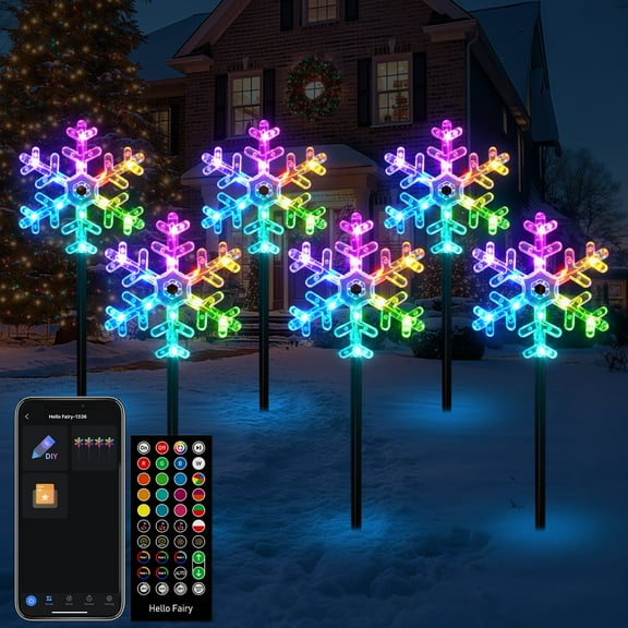 6 Pcs Snowflake Pathway Smart Lights Outdoor RGB Christmas Lights with App & Remote Control Music Sync 105 Scene Modes Extendable Garden Decorative Fairy Lights for Holiday Party Yard