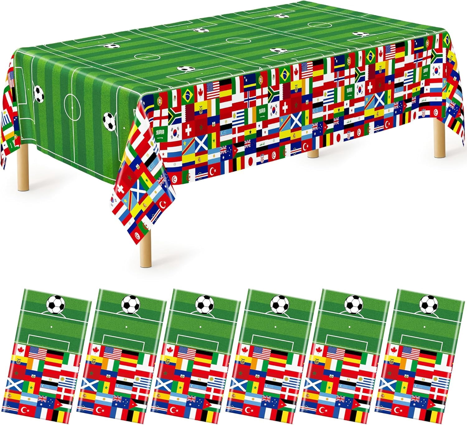 6 Pcs Soccer Tablecloths for Birthday Party Decorations 54 X 108 Inch, Disposable Plastic Table Cover, 2026 Around the World Flags Green Rectangle Tableware Set for Sports Theme Game Party Supplies