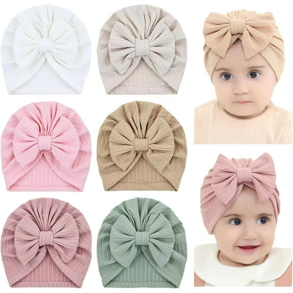 6 Pcs Soft Turban Hats with Bow Donut Nursery Caps Beanies Bonnets for Baby Girls Newborns Infants Toddlers