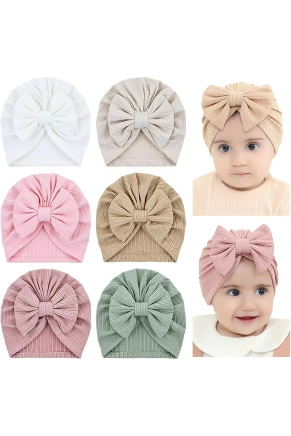 6 Pcs Soft Turban Hats with Bow Donut Nursery Caps Beanies Bonnets for Baby Girls Newborns Infants Toddlers
