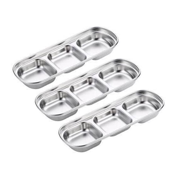 6 Pcs Soy Sauce Dish Stainless Steel Divided Dip Bowls Korean 3 Compartment Sauce Plate Seasoning Dipping Condiment Tray for BBQ Vinegar Spice Salt Sugar Flavor Home Restaurant (Silver)