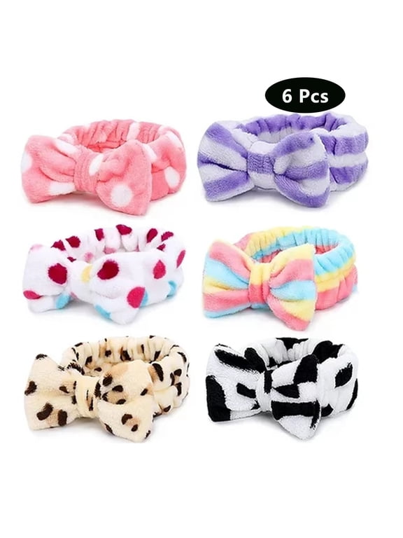 6 Pcs Spa Bow Coral Fleece Headbands,Colourful Elastic Makeup Headband for Women Washing Face
