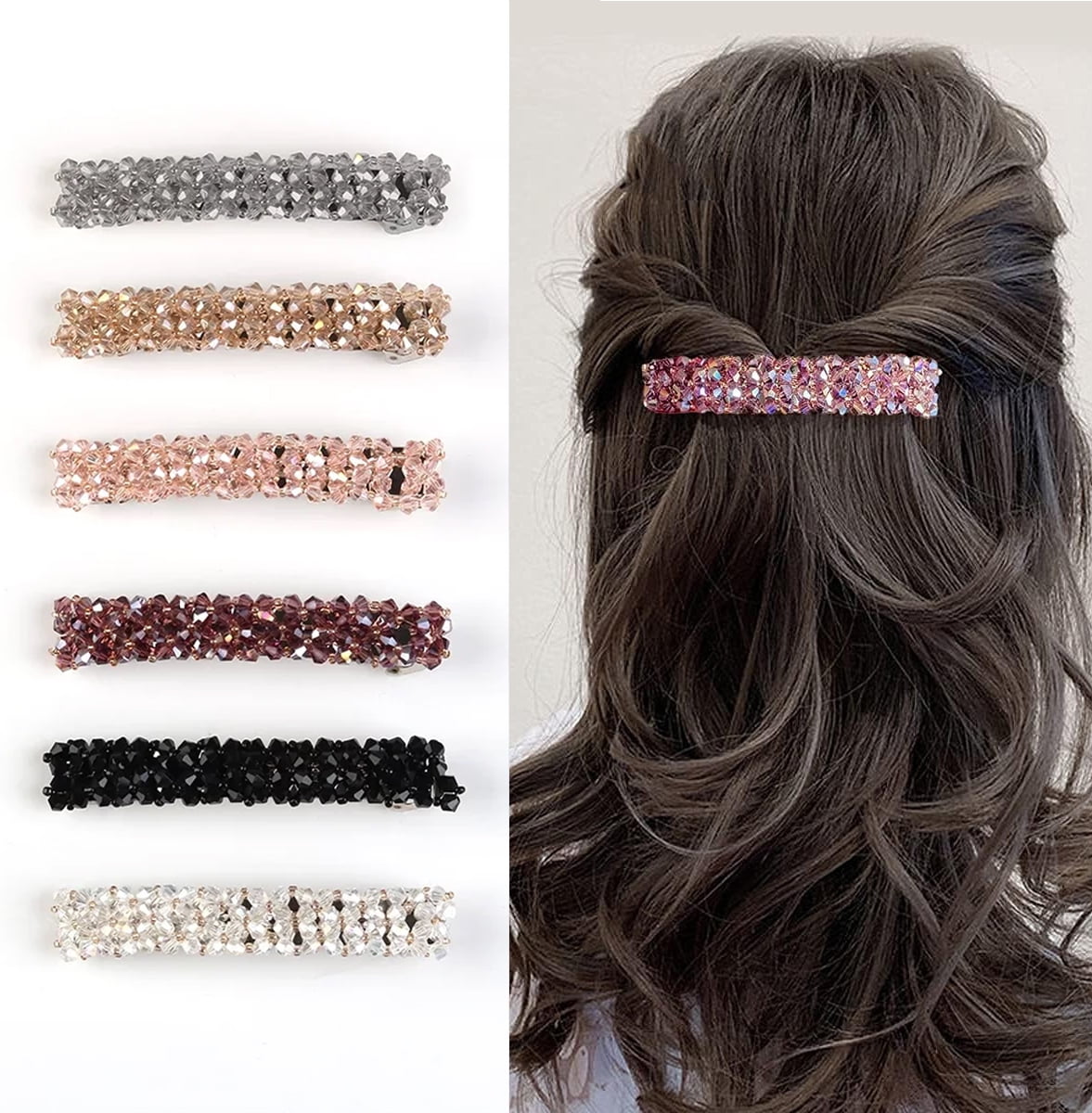 CYCFORGE 6 Pcs Sparkling Crystal Hair Clips Rhinestone Hair Clips,Hair Clips for Women,Rectangle French Automatic Hair Barrettes for Women Thin and Thick Hair