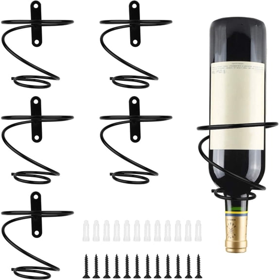 6 Pcs Spiral Wine Wall Holder, Wall Mounted Wine Rack, Metal Wine Bottle Display Holder for Wine Storage Wall Wine Theme Decor (Downward Style) Black
