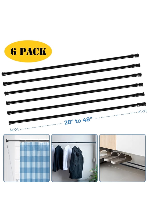 6Pcs Tension Curtain Rod for Windows Cabinet Wardrobe Closet 28"-48" Adjustable, 1/2" Diameter, Black