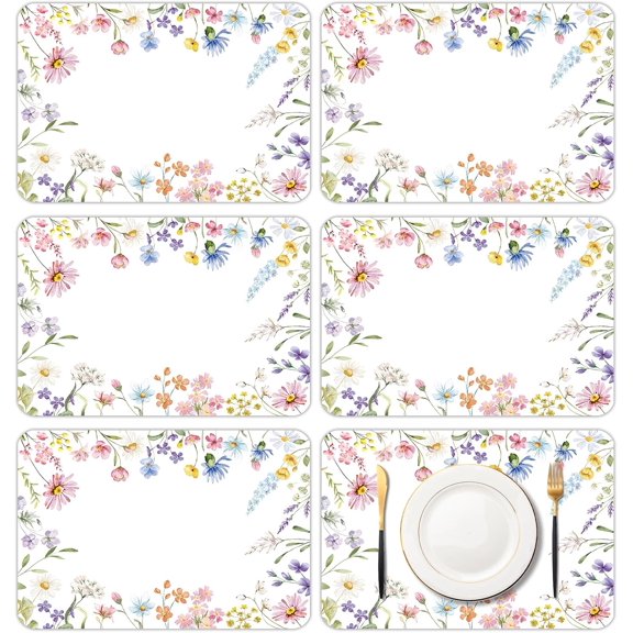 6 Pcs Spring Wildflower Placemats, 11x16 Inch Floral Plastic Placemats Spring Summer Flower Table Mats for Wedding Birthday Home Party Table Settings Supplies