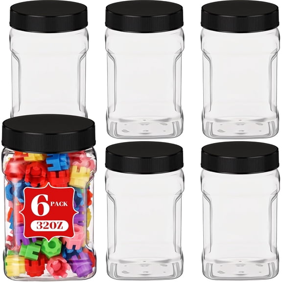 6 Pcs Square Clear Plastic Jars with Pinch Handle Plastic Storage Container with Screw-on Lids Reusable Wide Mouth Canisters for Dry Good Peanut Cookies Candy (32 oz,Black Lids)