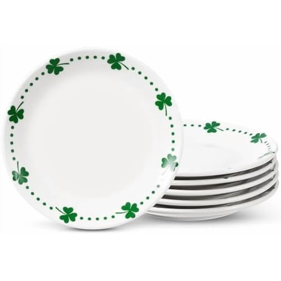 6 Pcs St. Patrick's Day Ceramic Shamrock Plates 6 Inch Irish Dessert Platter Serving Plate Clover Leaf Salad Dishes Tableware for St. Patrick's Celebration, Dinner Party, Gift