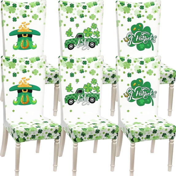 6 Pcs St Patricks Day Dining Chair Covers Protector Stretchable Washable Seat Cushion Slipcover Green Clover Chair Seat Cover for St Patricks Day Kitchen Hotel Office Party Wedding Restaurant Decor