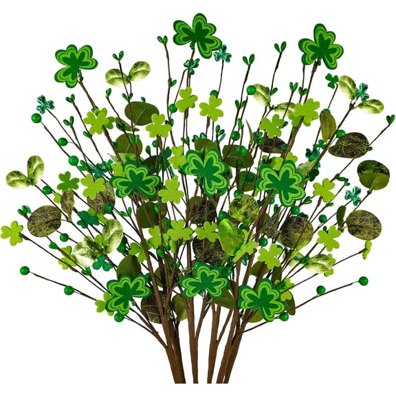6 Pcs St Patricks Day tions, 24 Inch St Patricks Day Shamrocks Picks Artificial Clover Flower Branches Berry Stems for Table Centerpiece Floral Arrangements Party Irish Vase Decor