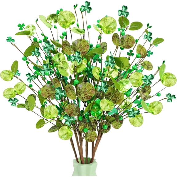 6 Pcs St Patricks Day tions 24inch Shamrock Berry Stems Glitter Shamrock Flowers Picks with Eucalyptus Leaves for Arrangements Vase Home Table Irish Decor