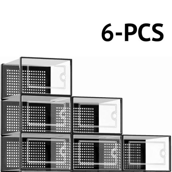 6 Pcs Stackable Clear Plastic Shoe Storage Boxes with Black Frame, Foldable Drawer Shoe Organizer for Closet, Dustproof Sneaker Container for Men Women Sneakers Heels Boots