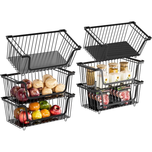 6 Pcs Stackable Wire Baskets for Pantry Organizers and Storage,Vegetable Fruit Basket for Countertop,Kitchen Storage Metal Baskets,Produce Potato Onion Storage Bin,Black