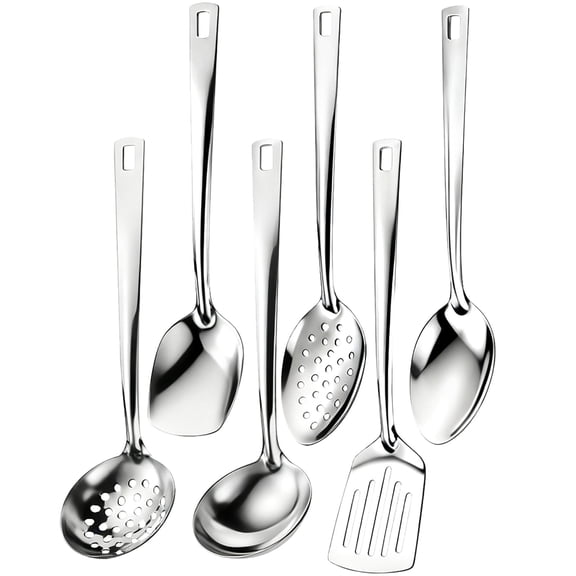 6 Pcs Stainless Steel Cooking Utensil Set, Heavy Duty Kitchen Tools with Heat Resistant, Include Slotted Turner, Spoon, Ladle, Skimmer for Cooking, Serving, Draining