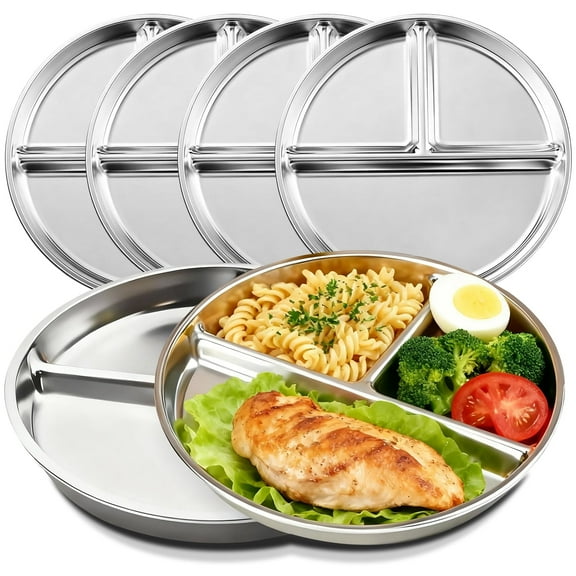 6 Pcs Stainless Steel Divided Plates, TAIMASI 9" Portion Control Divided Metal Plate with 3 Sections, Reusable Plates Round Sectioned Plate for Kids Adults Lunch, Picnic