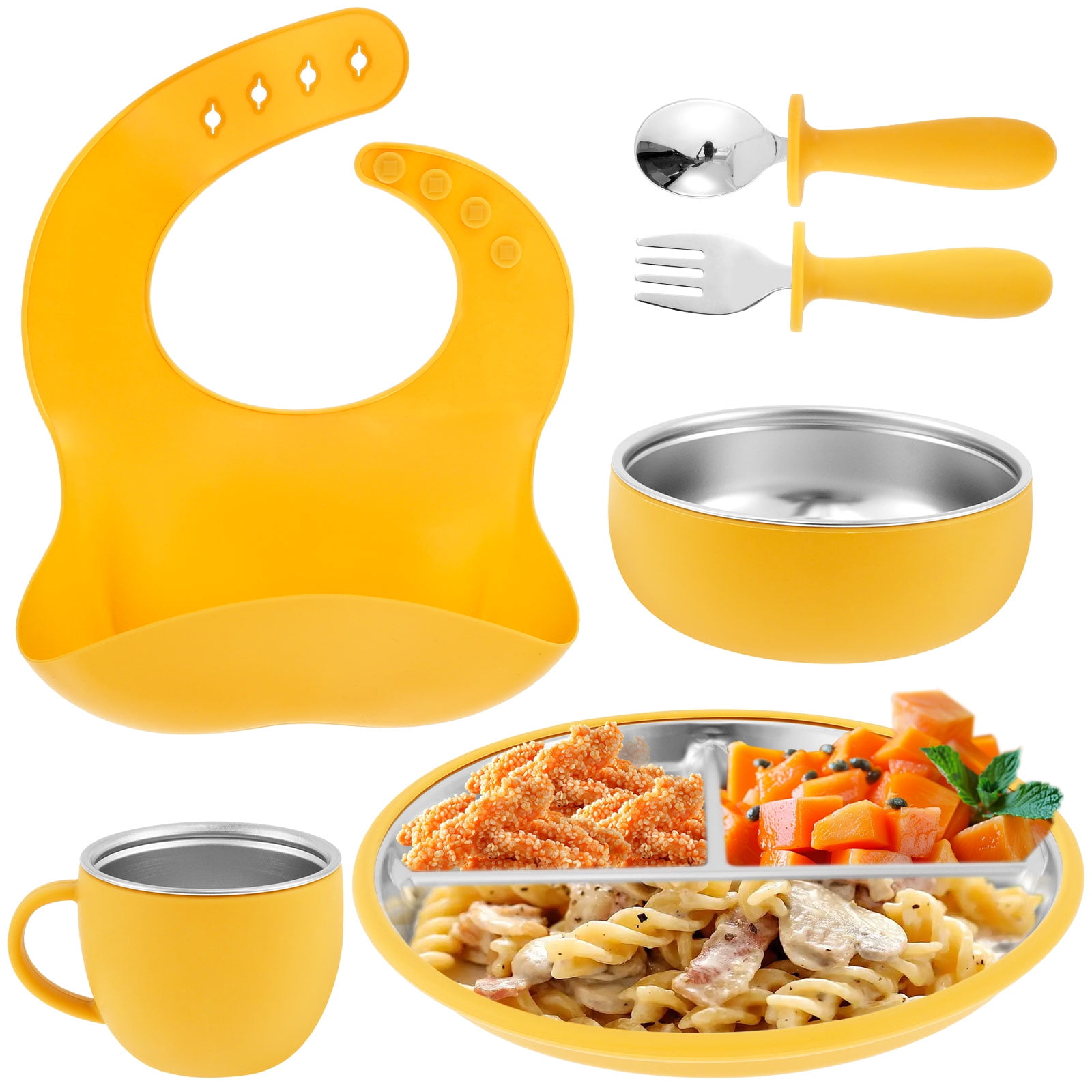 6 Pcs Stainless Steel Kids Plates and Bowls Set Toddlers 3 Compartment Suction Bowls with Removable Silicone Shell Self Feeding Plates for Toddlers Baby