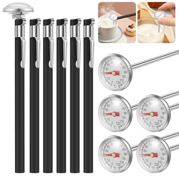 6 Pcs Stainless Steel Kitchen Thermometer with 12.5cm Long Stem 2.6cm Dial Thermometer Milk Frothing Food for Meat Grill BBQ Cooking Chocolate Water, Black
