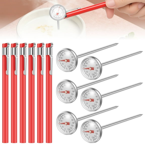 6 Pcs Stainless Steel Kitchen Thermometer 5 Inch Long Stem 1 Inch Dial for Meat Grill BBQ Milk Frothing Chocolate Water Cooking Red