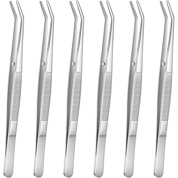 6 Pcs Stainless Steel Tweezers with Curved Serrated Tip, 6.2 Inch Multipurpose Precision Forceps Kitchen Long Tweezers Set Heavy Duty Sewing Machine Tweezer, Anti-Slip Grip