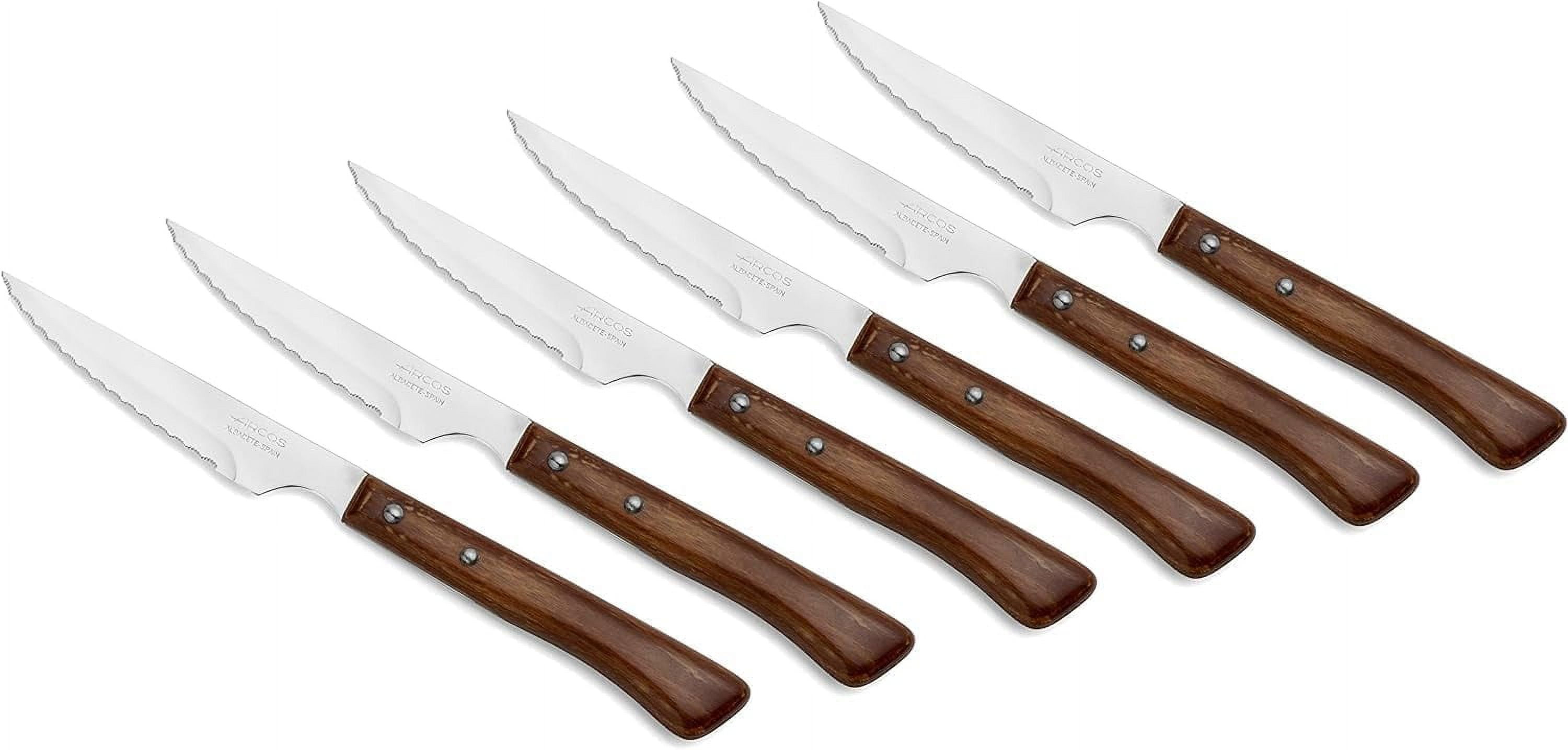 ARCOS Steak Knives Set of 6 Pieces. 4 Inch Steak and Meat Knife in Nitrum Stainless Steel. Ergonomic Wood Handle