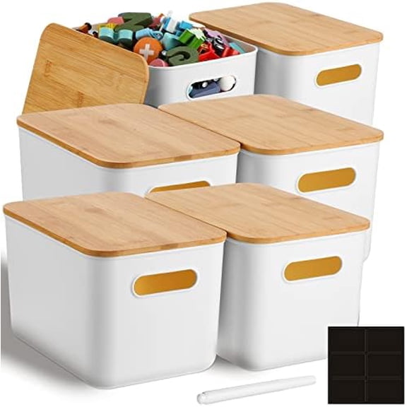 6 Pcs Storage Bins with Bamboo Lids Plastic Storage Containers Stackable Box with and Handle with 6 Labels and Marker for Organizing Toys and More, 10.1x7x6.69 In(White,Classic)