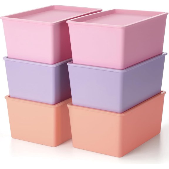 6 Pcs Storage Bins with Lids Small Plastic Storage Containers Stackable Storing Baskets Box Cute Organizer Bins for Organizing Shelves (Pink,Purple,Orange)
