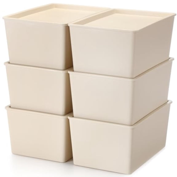 6 Pcs Storage Bins with Lids Small Plastic Storage Containers Stackable Storing Baskets Box Cute Organizer Bins for Organizing Shelves Beige