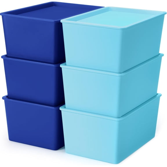 6 Pcs Storage Bins with Lids Small Plastic Storage Containers Stackable Storing Baskets Box Cute Organizer Bins for Organizing Shelves (Blue Series)