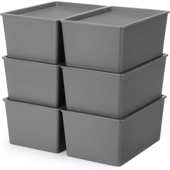 6 Pcs Storage Bins with Lids Small Plastic Storage Containers Stackable Storing Baskets Box Cute Organizer Bins for Organizing Shelves (Gray)