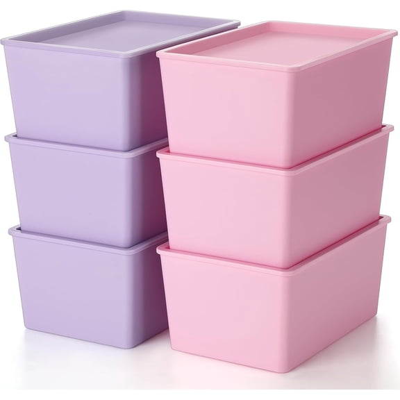 6 Pcs Storage Bins with Lids Small Plastic Storage Containers Stackable Storing Baskets Box Cute Organizer Bins for Organizing Shelves (Pink,Purple)