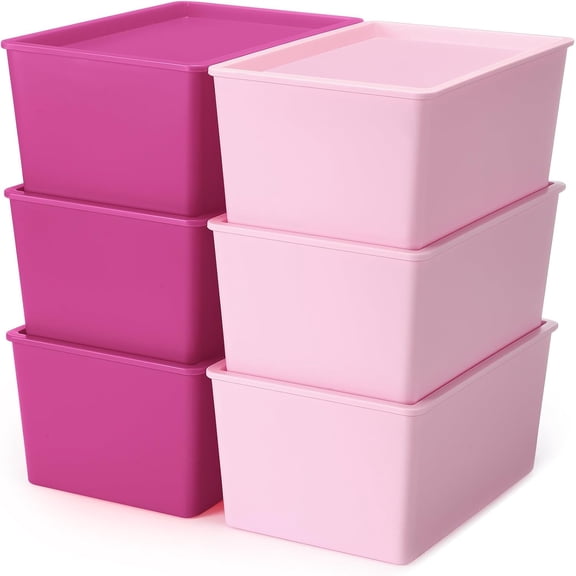 6 Pcs Storage Bins with Lids Small Plastic Storage Containers Stackable Storing Baskets Box Cute Organizer Bins for Organizing Shelves (Pink Series)
