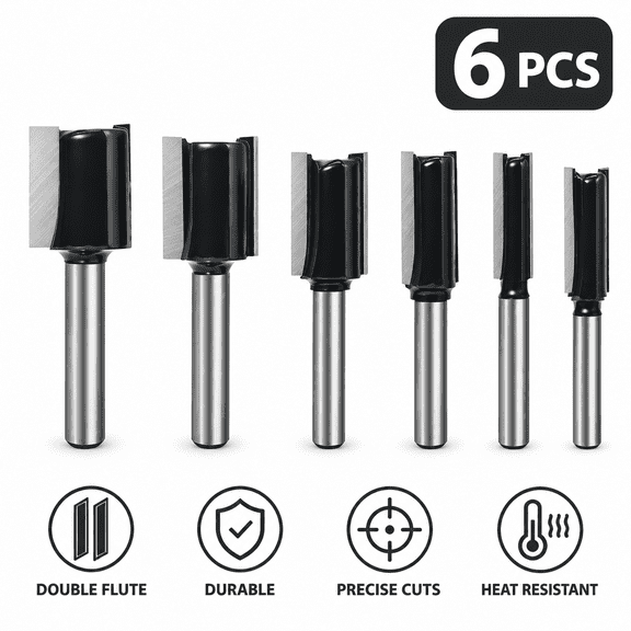 6 Pcs Straight Router Bit Set 1/4" Shank Double Flute Carbide Tipped Dado Grooving Bits 1/4" to 3/4" for Woodworking DIY
