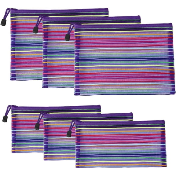 6 Pcs Striped Mesh Zipper Pouches Colorful Makeup Bag See Through Cosmetics Travel Multipurpose File Document Bags Small Skincare Pouch Make up Tool Nylon Toiletries Purple -