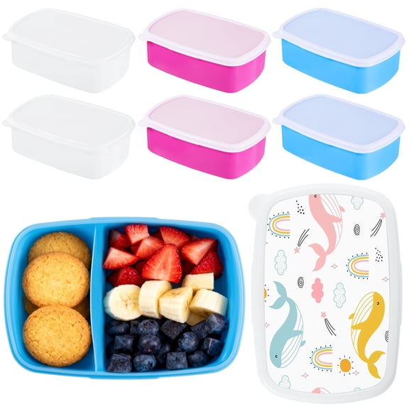 6 Pcs Sublimation Bento Containers, Food-Safe Plastic Lunch Box Snack Holder with Adjustable Divider, Microwave & Dishwasher Safe, 7.1 x 4.4 x 2.3 in, Blue, Rose Red & White