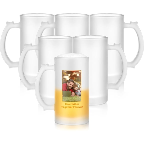 6 Pcs Sublimation Blank Beer Mugs Personalized Tazas Para Present 16 oz Frosted Beer Glass Cups Can Add Photo Text or Images on Gift for Dad Husband Groomsmen Father's Day Wedding Oktoberfest