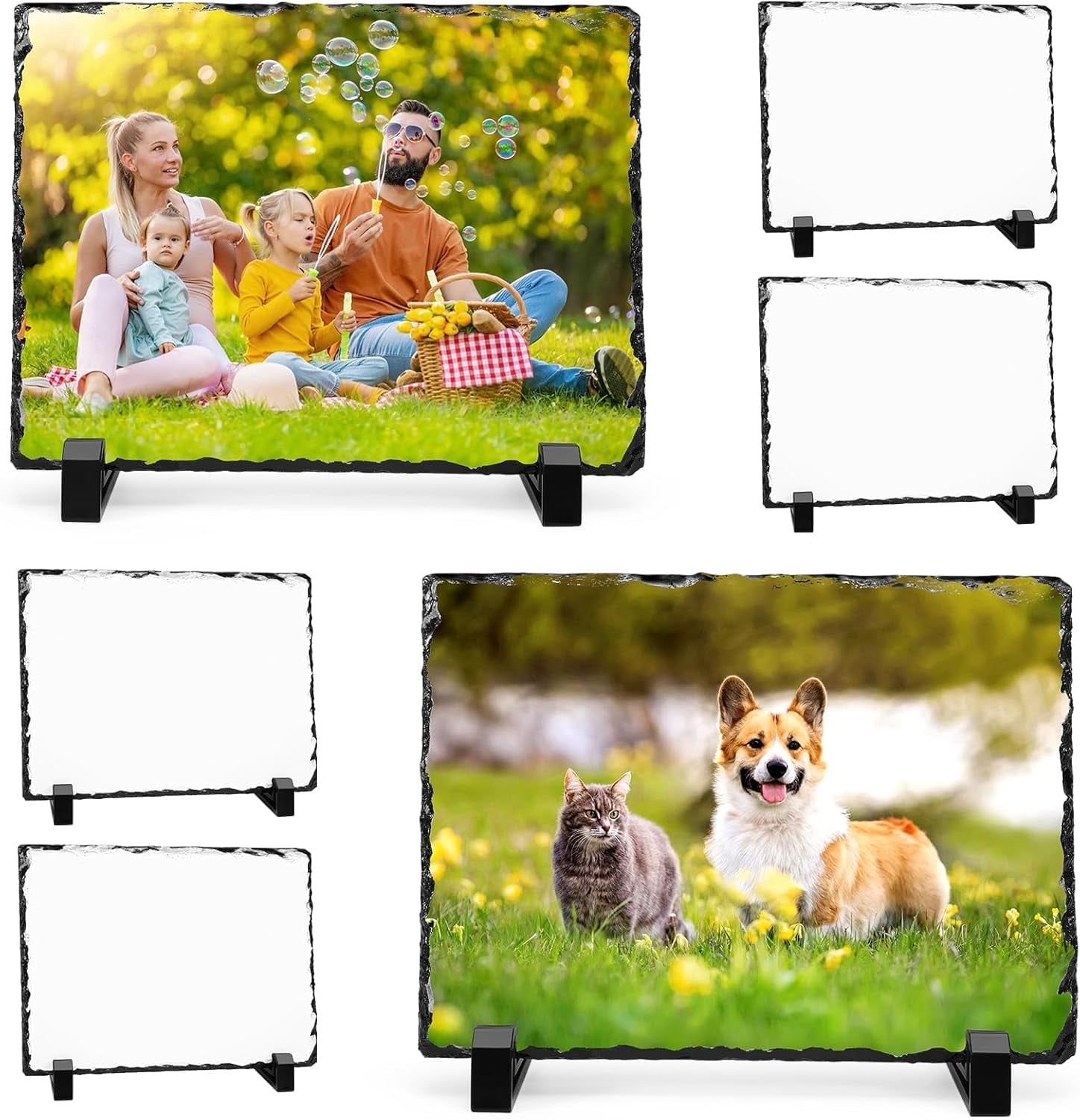 6 Pcs Sublimation Blank Slate, 7.5 x 5.5 in Heat Transfer Rock Photo Plaque with Display Stand,Sublimation Slate Blanks Custom Stone Slate Picture Frame for Desktop Souveni Decoration