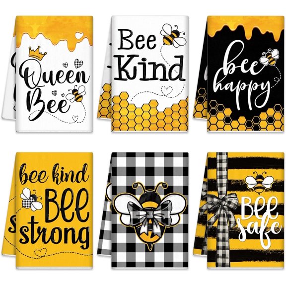 6 Pcs Summer Bee Kitchen Dish Towels 21.3 x 14.2 Inch Yellow Bathroom Hand Towels Absorbent Decorative Tea Towels Summer Decorations for Home Bathroom Kitchen Accessories Decor