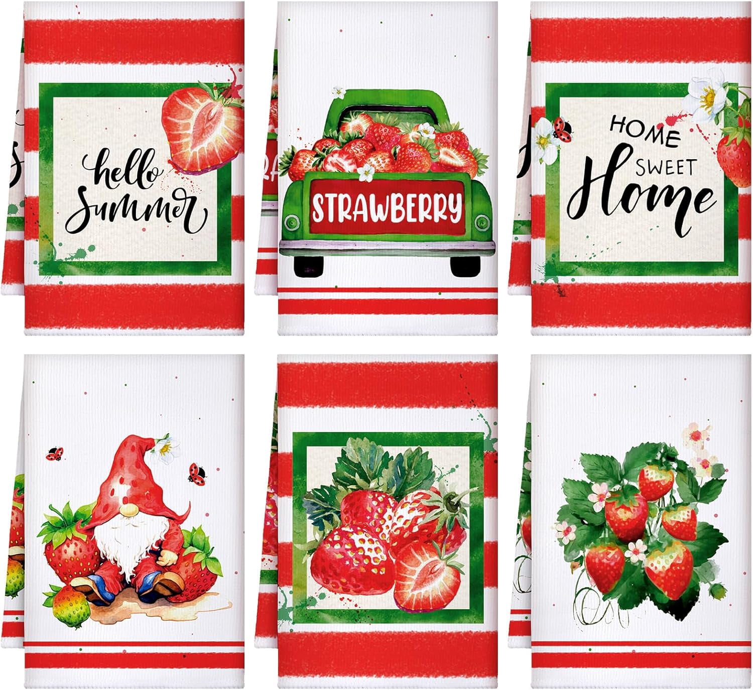 6 Pcs Summer Kitchen Towels 24 x 16 Inch Farmhouse Strawberry Hand Bath Dishtowels Absorbent Summer Tea Towel for Holiday Kitchen Bathroom Strawberry Party Decor Gifts