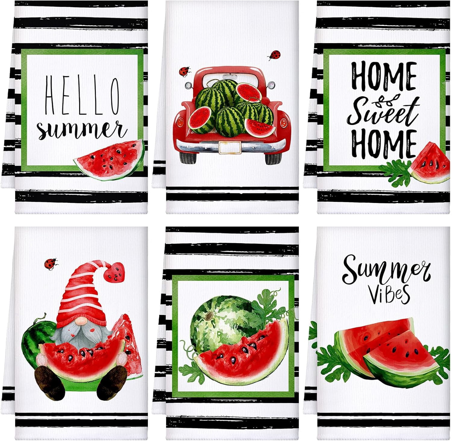 6 Pcs Summer Kitchen Towels 24 x 16 Inch Farmhouse Watermelon Hand Bath Dishtowels Absorbent Watermelon Tea Towel for Holiday Kitchen Bathroom Decor Gifts