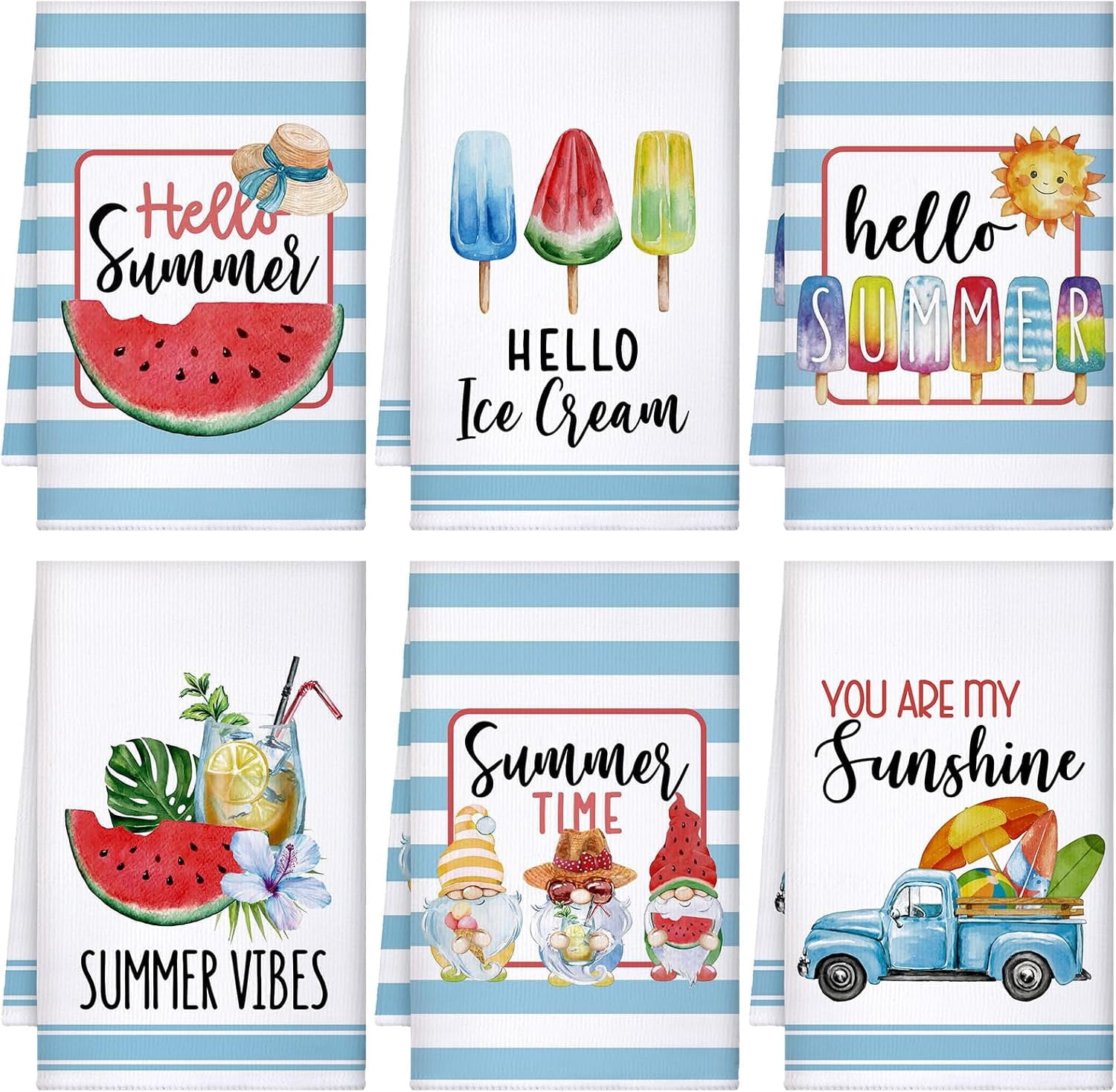6 Pcs Summer Kitchen Towels Watermelon Gnome Tea Dishtowels 24 x 16 Inch Farmhouse Absorbent Blue White Stripe Hello Summer Hand Bathroom Towels for Kitchen Bathroom Decor
