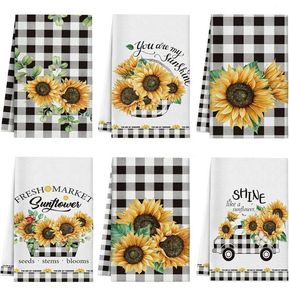 6 Pcs Sunflower Kitchen Towels Summer Buffalo Plaid Dishtowels for Kitchen Ultra Absorbent Black and White Hand Wash Cloth Sunflower Decor Decorative Set for Bathroom Housewarming Gift