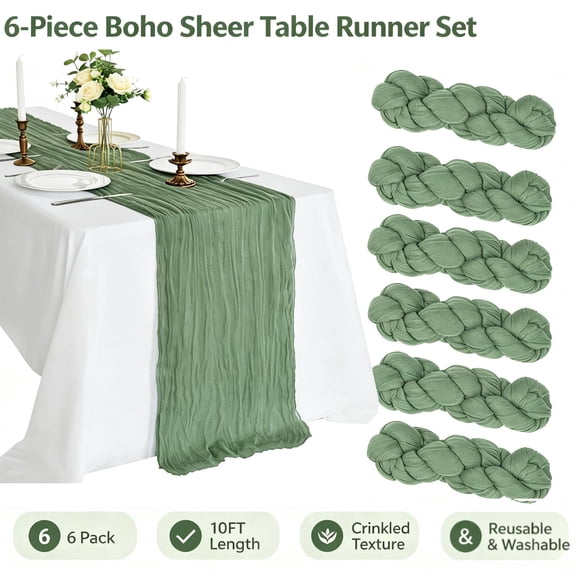 6 Pcs Table Runner, 120x35 in Boho Cheese Cloth Fabric Table Runner Bulk for Wedding, Birthday, Party, Holiday, Home Decor (Green)
