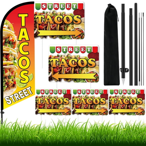 6 Pcs Tacos Burritos Feather Flag Kit 1.8x5.4ft Windless Banner with Pole Yard Signs for Restaurant Business Markets