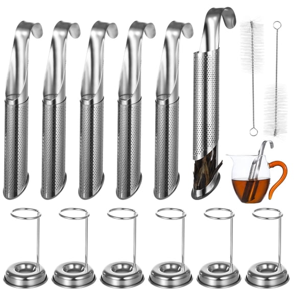 6 Pcs Tea Infuser Set, Including 6 Stainless Steel Tea Diffusers, 6 Diffuser Holders, and 2 Brushes, Tea Strainers for Loose Tea, Long-handle Tea Filters with Hooks, Tea Steepers