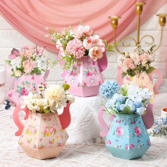 6 Pcs Tea Party Decorations 6.7'' Flower Box Table Paper Teapot Princess Centerpiece Vase Table Decor Wonderland Fancy Party Decor for Floral Tea Birthday Baby Shower Wedding (Cute)